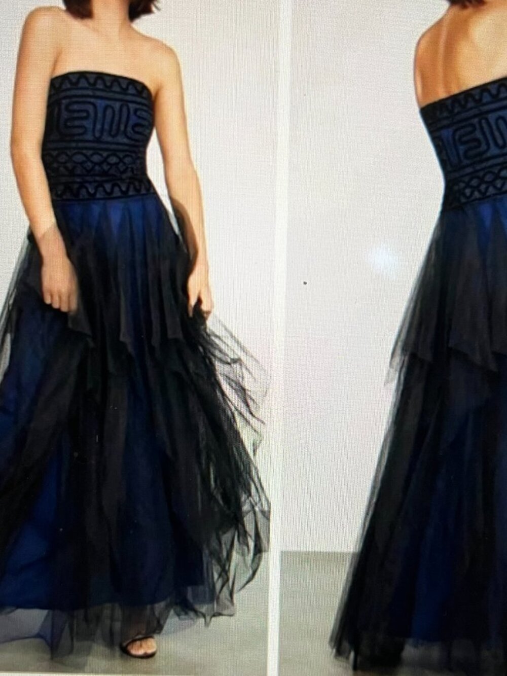 Elegant Embroidered Navy/Black Flowing Evening Gown, BCBGMaxAzria